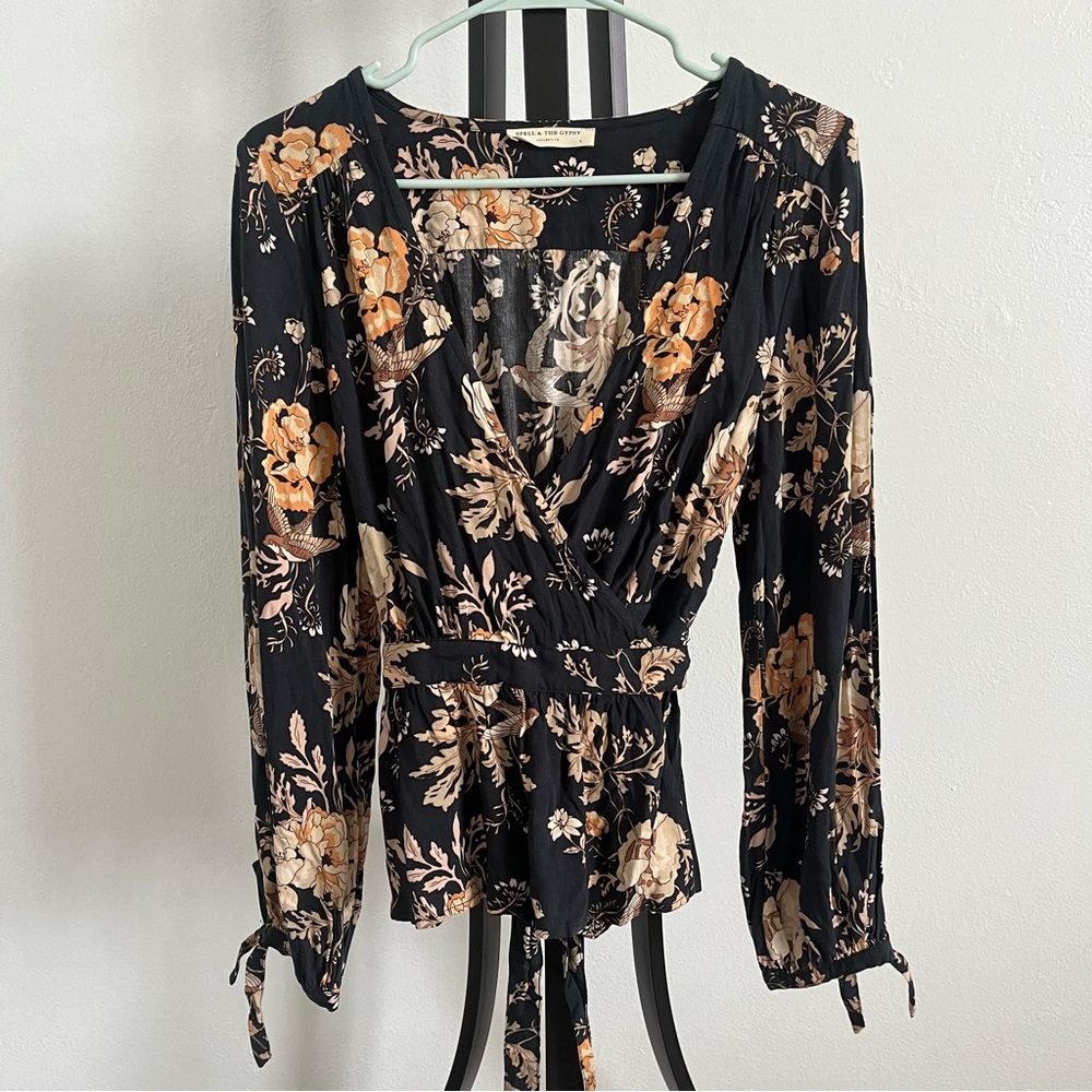 Spell & The Gypsy Rosa Tie Front Black and Cream Floral Wrap Top